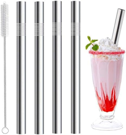 Vinaco 4 Pack 0.4" Wide Bore Reusable Stainless Steel Metal Smoothie Straws