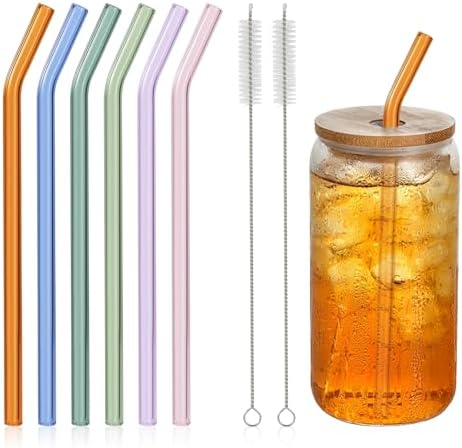 6 Pcs Reusable Bent Glass Drinking Straws,9''x10 mm Colorful Glass Straws for Beverages, Shakes, Milk Tea, Juices,Set of 6 Bent with 2 Cleaning Brushes -Shatter Resistant