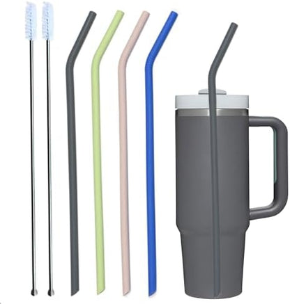 Stanley Cup Accessories 14” Extra Long Silicone Reusable Replacement Drinking Straws for 40 oz Quencher Tumbler,Wine Bottle-Blue Iris,Green Citron,Charcoal,Light Brown With Bendable Brush