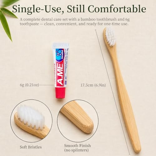 Bamboo Toothbrushes with Toothpaste 6g Individually Wrapped, 100 Pack Individually Wrapped Disposable Toothbrush Travel Kit, for Hotel, Airbnb Amenities, Guest Rooms, Camping