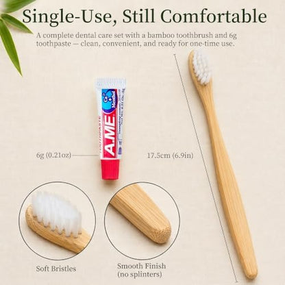 Bamboo Toothbrushes with Toothpaste 6g Individually Wrapped, 100 Pack Individually Wrapped Disposable Toothbrush Travel Kit, for Hotel, Airbnb Amenities, Guest Rooms, Camping