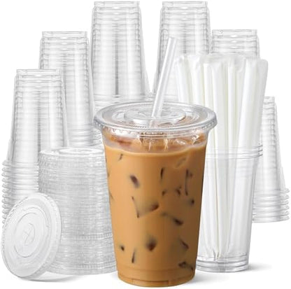 AOZITA 100 Pack - 24 oz Clear Plastic Cups with Lids and Straws, Food Safe Disposable Iced Coffee Cups for Cold Beverages, Smoothies, Iced Coffee, Leak-Proof, BPA-Free