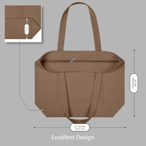 TOPDesign 6-Pack Canvas Tote Bags with an External Pocket, Reusable Grocery Shopping Bags, Top Zipper Closure, Daily Essentials (Brown)
