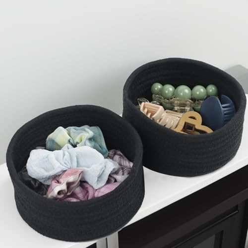 Small Woven Cotton Rope Baskets, Set of 3, Black