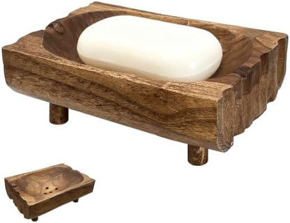 Natural Teak Wood Soap Holder, Automatic Draining Soap Tray with Drain Holes, Handmade Rustic Soap Dish & Countertop Soap Saver Stand for Bathroom and Kitchen