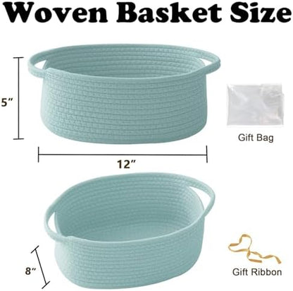 Woven Rope Basket - Baby Gift Basket with Bag & Ribbon, Aqua