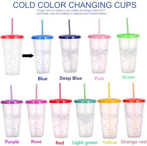 Color Changing Cups, 12 Pack 24oz Plastic Tumblers, Reusable Iced Coffee & Smoothie Cups with Lids and Straws for Parties and Travel (Rainbow, 12 Pack)