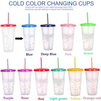 Color Changing Cups, 12 Pack 24oz Plastic Tumblers, Reusable Iced Coffee & Smoothie Cups with Lids and Straws for Parties and Travel (Rainbow, 12 Pack)