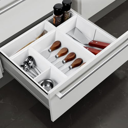 Bamboo Drawer Organizer,5 PCS White Bathroom Tray&Desk Organizers and Storage,Cabinet Divider With Removable Silverware Organization for Kitchen,Utensils,Junk,Office,Makeup