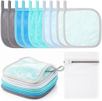 VitalCozy 10 Pack Makeup Remover Cloths, Makeup Remover Towels Reusable Face Cloth Eraser for Washing Face Microfiber Washcloth for Women Cleansing Just Water with Mesh Bag(Blue Colors)