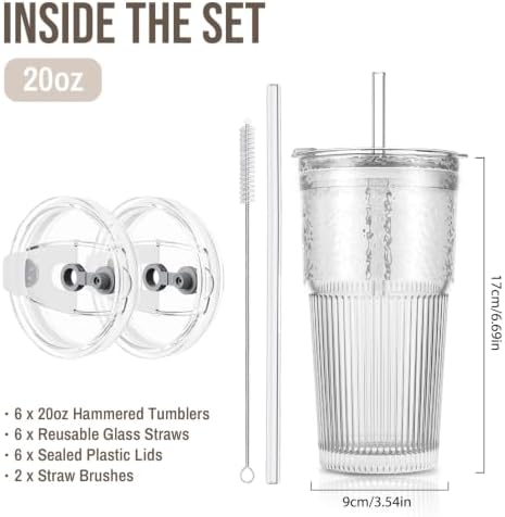 SoulTimes 20oz Wave Ribbed Glass Tumbler with Lid and Straw – Iced Coffee Glasses Cups for Smoothie, Matcha, Juice, Water etc. Leakproof and Reusable Glassware Drinking for Daily & Travel To Go [6Pcs]