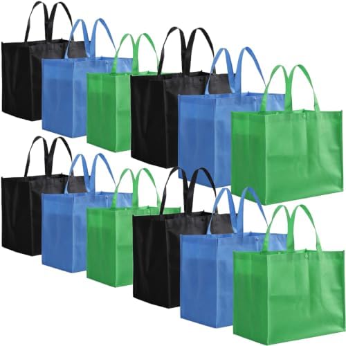 Tosnail 12 Pack Reusable Grocery Bags with Handles, Black, Blue, Green