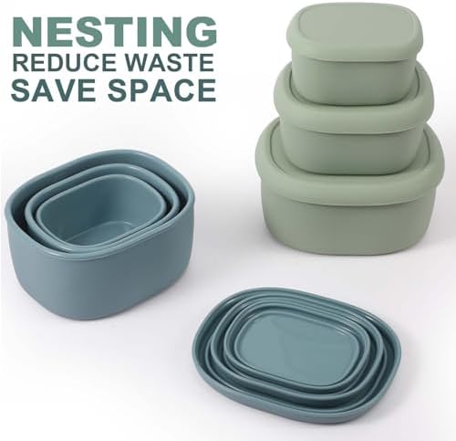 Vesici 9 Pcs Silicone Food Storage Containers Collapsible Reusable Small Containers with Lids Bpa Free for Christmas Party Snack Camping Lunch Bento Box (6.7oz, 10oz, 20oz) Green Blue Yellow
