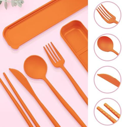 ELANE 4 Sets Reusable Travel Utensils Set with Case,Camping Cutlery Set Reusable Cutlery Set with Case,Utensil Sets for Lunch Picnic Daily Use Outdoor (orange)