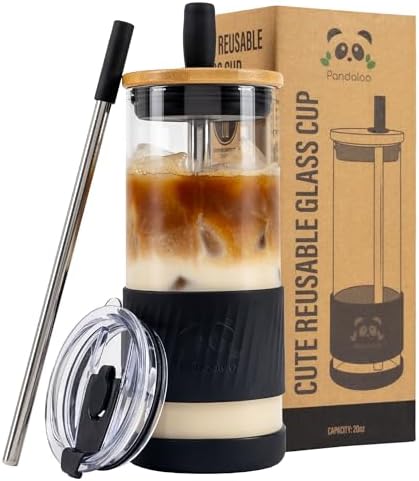 Pandaloo® Glass Cups With Lids and Straws -20 Fl Oz- Perfect Size Iced Coffee Cup - Smoothie Cup With Bamboo Lid and On the go Lid - Glass Tumbler With Straw (1 Count (Pack of 1), Black Saphir)