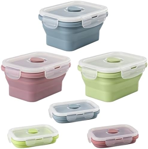 6 Pcs Silicone Food Containers 11.8 oz Collapsible Storage Containers with Airtight Lids Stacking Meal Prep Lunch Leftover Food fruits Storage Foldable Box for Freezer Microwave Dishwasher Safe