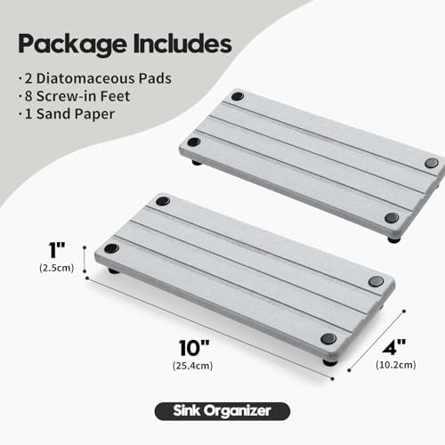 Razborci 2 Pack Fast Drying Water Absorbing Diatomite Stone Mat Tray for Kitchen & Bathroom Counter - Instant Dry Sink Caddy Organizer - Vanity Holder for Soap, Sponge – Light Gray 10" x 4"