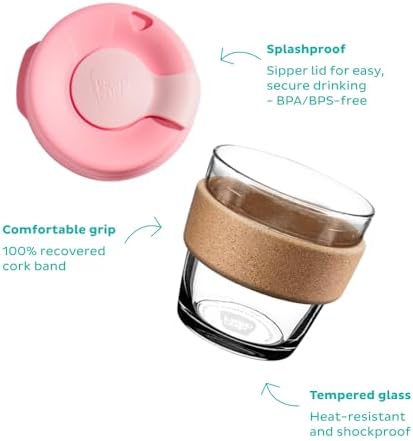 KeepCup Brew Cork, Reusable Glass Tumbler with Natural Cork, Espresso Coffee Cup 6oz / 227ml - Black