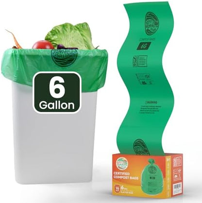 Compostable Bags, 6 Gallon Food Scraps Yard Waste Bags,Fits 5-6-8 Gallon trash can, 30 Liter, 70Count, Heavy Duty 0.85 Mils, ASTMD 6400 Kitchen Trash Bags, BPI&OK compost HOME certified
