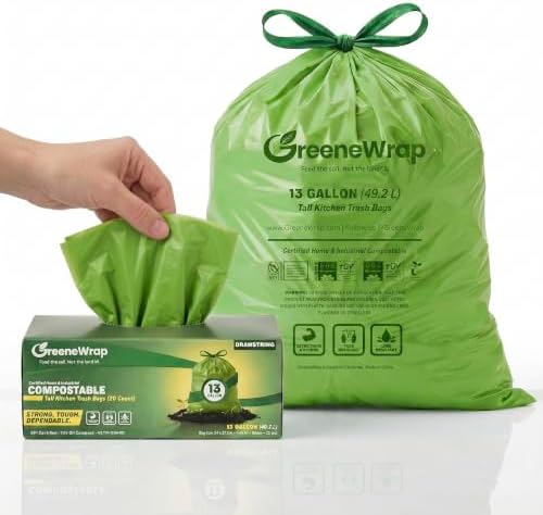 13 Gallon Compostable Trash Bags with Drawstring, 30 Count, 1 Mil, Tall Kitchen Food Scrap Compost Bags, BPI Certified, ASTM D6400, Compostable Garbage Bags, Unscented, 13 Gal