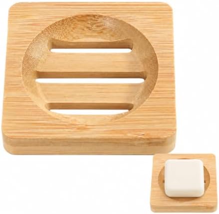 Bamboo Soap Dish for Bar Soap, Raised Wooden Holder with Drain Slots，Square Bamboo Soap Dish