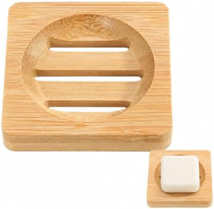 Bamboo Soap Dish for Bar Soap, Raised Wooden Holder with Drain Slots，Square Bamboo Soap Dish