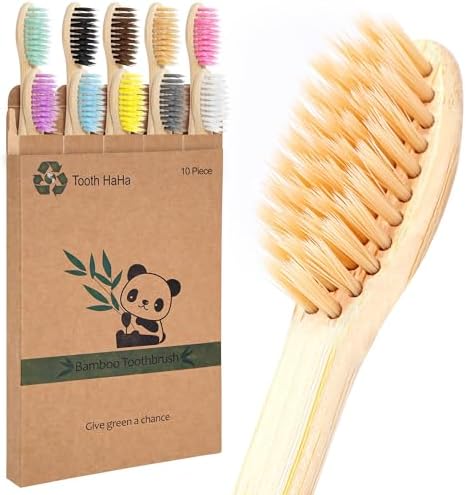 Bamboo Toothbrushes 10 Pack, Biodegradable BPA-Free Soft Bristles Toothbrushes for Adult, Eco-Friendly, Natural Wooden Organic Toothbrush Pack