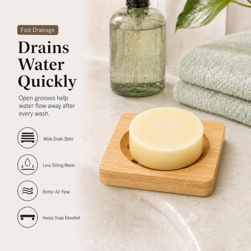 Bamboo Soap Dish for Bar Soap, Raised Wooden Holder with Drain Slots，Square Bamboo Soap Dish