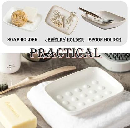 Miamolo Soap Dish, Ceramic Soap Holder Shower Soap Dish for Bar Soap Sponge, Soap Saver Tray for Bathroom Kitchen Sink, White (Pack of 2)