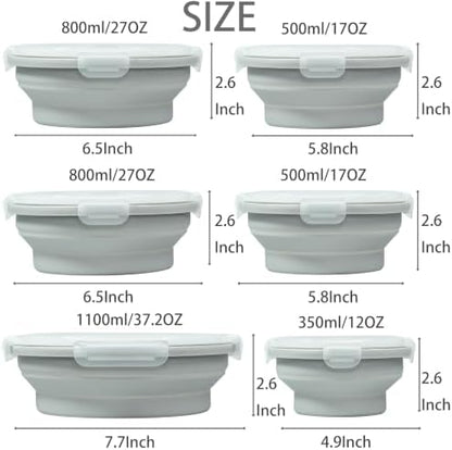 Plus 6PCS Foldable Silicone Food Storage Containers for Kitchen Storage for Leftovers Fruits and Meal Prep Dishwasher Safe Microwave Safe Ideal for Home and Travel (grey, round)