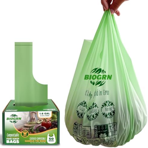 Compostable Trash Bags 1.2-1.6 Gallon Handle Tie 50 Count 0.6 Mil 6.06 Liter Small Compost Bags for Countertop Bin Biodegradable Bags Green for Kitchen ASTM D6400 & BPI Certified, OK Compost Home