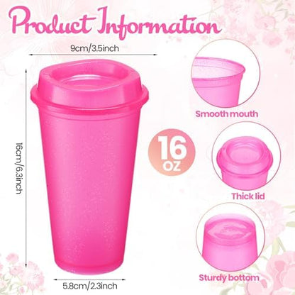 Honeydak 45 Pack 16 oz Reusable Coffee Cups with Lids Water Bottle Iced Coffee Travel Mug Portable Plastic Tea Tumblers Bulk for Hot and Cold Drinks Birthdays Party (Hot Pink,Stylish)