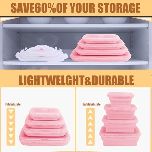 4 Collapsible Silicone Food Storage Containers, Square, Pink