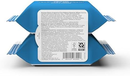Amazon Basics Makeup Remover Wipes, Formulated without Fragrance and Alcohol-Free, Gentle Cleansing, Removes Waterproof Mascara, Dermatologist Tested, 25 Count, Pack of 2