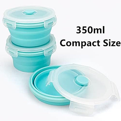CCyanzi 3piece Round Collapsible Bowl with Lids, Silicone Food Storage Containers, Microwave & Freezer Safe, Space Saving for Kitchen Cabinet and Camping Backpack,(Blue)