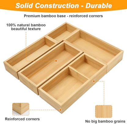 5-Piece Bamboo Drawer Organizer Storage Boxes Kitchen Multi-purpose Storage Dividers Drawer Organizer Set for Office Vanity Closet & Bathroom Kitchen Office Jewelry Cosmetics