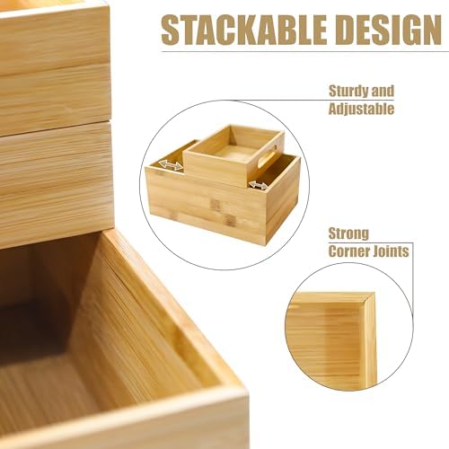 HOMESTEAD 3-Piece Stackable Bamboo Storage Box, Large Storage Bin, Wooden Boxes for Makeup Drawer Organizer Bathroom, Office Supplies, Kitchen Utensils, Bamboo Storage Containers (Medium)