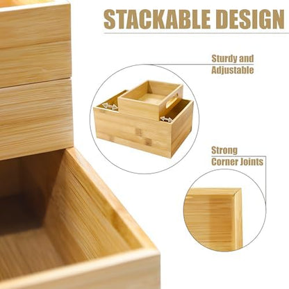 HOMESTEAD 3-Piece Stackable Bamboo Storage Box, Large Storage Bin, Wooden Boxes for Makeup Drawer Organizer Bathroom, Office Supplies, Kitchen Utensils, Bamboo Storage Containers (Medium)