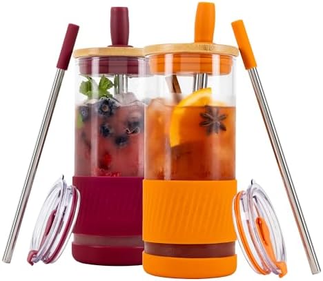 Pandaloo® Glass Cups With Lids and Straws -20 Fl Oz- Perfect Size Iced Coffee Cup - Smoothie Cup With Bamboo Lid and On the go Lid - Glass Tumbler (2 Count (Pack of 1), Boysenberry-Autumn Gold)