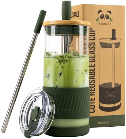 Pandaloo® Glass Cups With Lids and Straws -20 Fl Oz- Perfect Size Iced Coffee Cup - Smoothie Cup With Bamboo Lid and On the go Lid - Glass Tumbler With Straw (1 Count (Pack of 1), Mediterranean Olive)