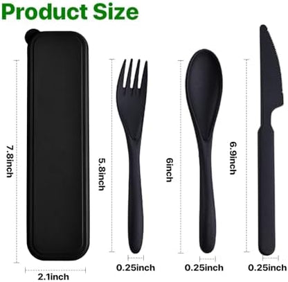 Travel Utensils with Case, 12 Sets Camping Utensil Sets, Wheat Straw Portable Knife Fork Spoons Tableware, Reusable Utensils for Lunch Box (Black)