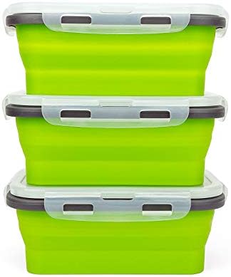 CARTINTS Set of 3 Collapsible Food Storage Containers with Lids, Collapsible Silicone Bowls, Silicone Lunch Containers, For Meal Prep, Camping, Travel, Microwave and Freezer Safe,500ml,Green