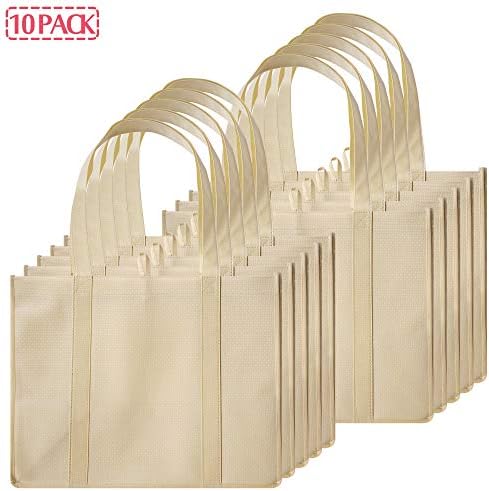 DIOMMELL 10 Pack Reusable Grocery Bags Extra Large Super Strong Heavy Duty Shopping Tote Bags with Reinforced Handles, Beige