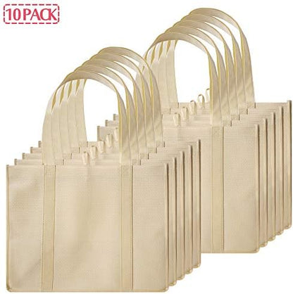 DIOMMELL 10 Pack Reusable Grocery Bags Extra Large Super Strong Heavy Duty Shopping Tote Bags with Reinforced Handles, Beige