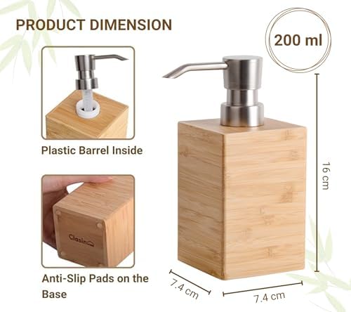 Clasin Home Bamboo Soap Dispenser with Anti-Slip Pads and Stylish Horizontal Wood Grain, Hand Dispenser for Bathroom, Kitchen, Dish, Lotion, Shampoo, Liquid Soap (7 Oz)