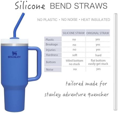 Stanley Cup Accessories 14” Extra Long Silicone Reusable Replacement Drinking Straws for 40 oz Quencher Tumbler,Wine Bottle-Blue Iris,Green Citron,Charcoal,Light Brown With Bendable Brush