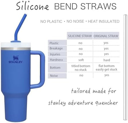 Stanley Cup Accessories 14” Extra Long Silicone Reusable Replacement Drinking Straws for 40 oz Quencher Tumbler,Wine Bottle-Blue Iris,Green Citron,Charcoal,Light Brown With Bendable Brush