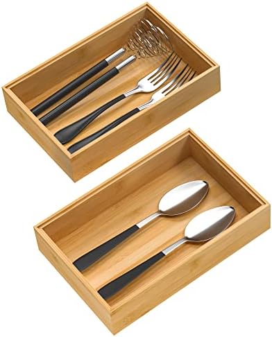 VeyFey Silverware Tray for Drawer, Stackable Kitchen Bamboo Drawer Organizer 9" x 6" x 2" Set of 2