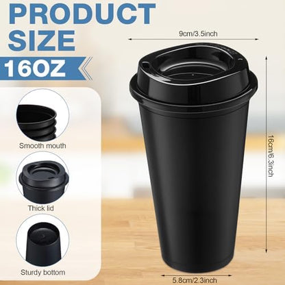 Honeydak 66 Pack 16 oz Reusable Coffee Cups with Lids Water Bottle Iced Coffee Travel Mug Portable Plastic Tea Tumblers Bulk for Hot and Cold Drinks Birthdays Party (Black,Classic)
