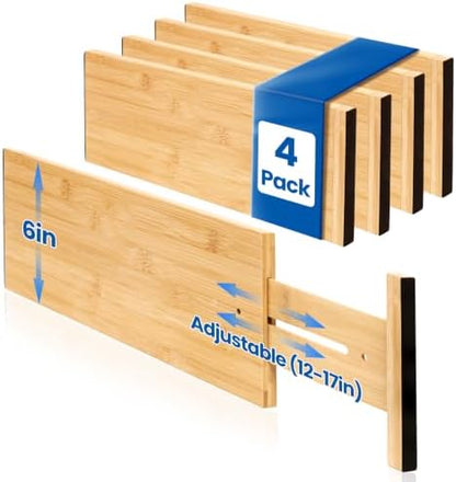 4 Pack 6" Deep Bamboo Drawer Dividers, 12-17" Expandable Kitchen Organizers